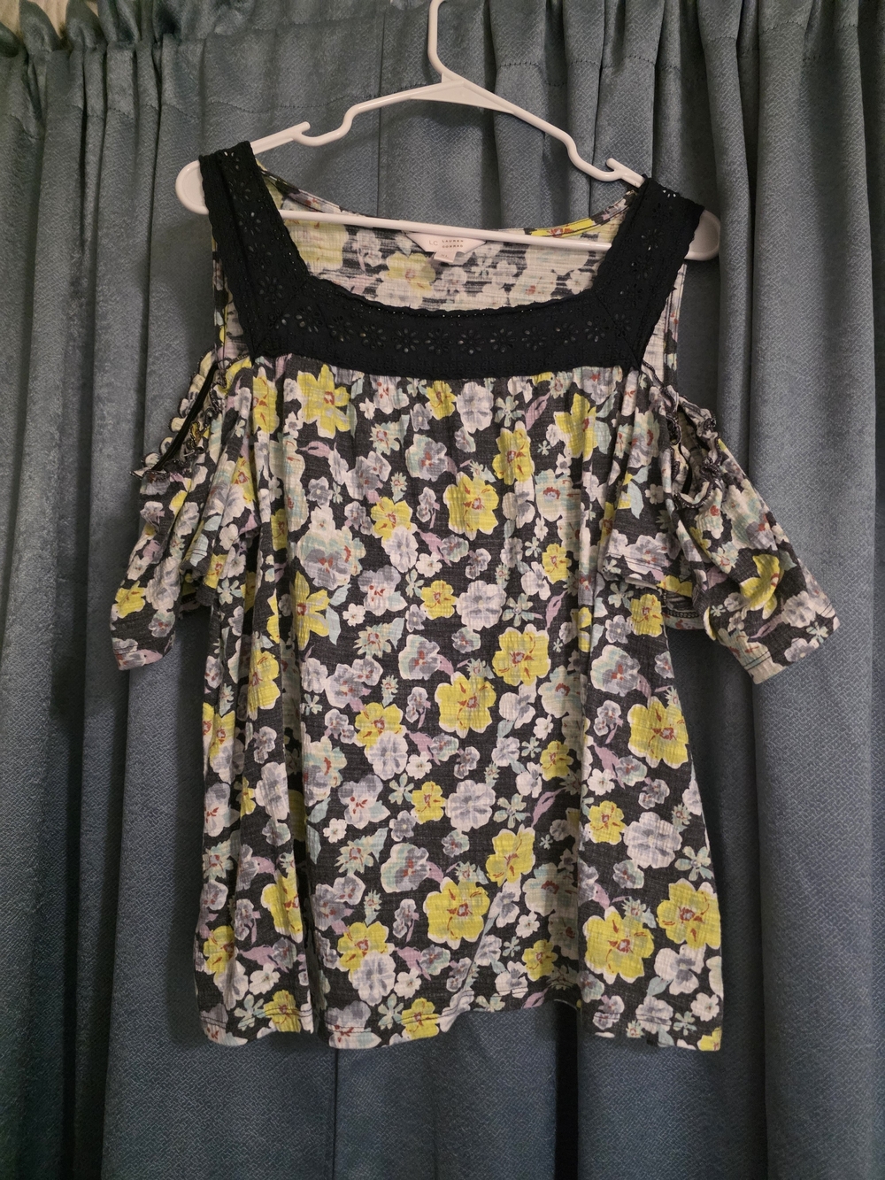 LC Lauren Conrad Black Floral Cold-Shoulder Top with Yellow Blooms - Picture 2 of 3